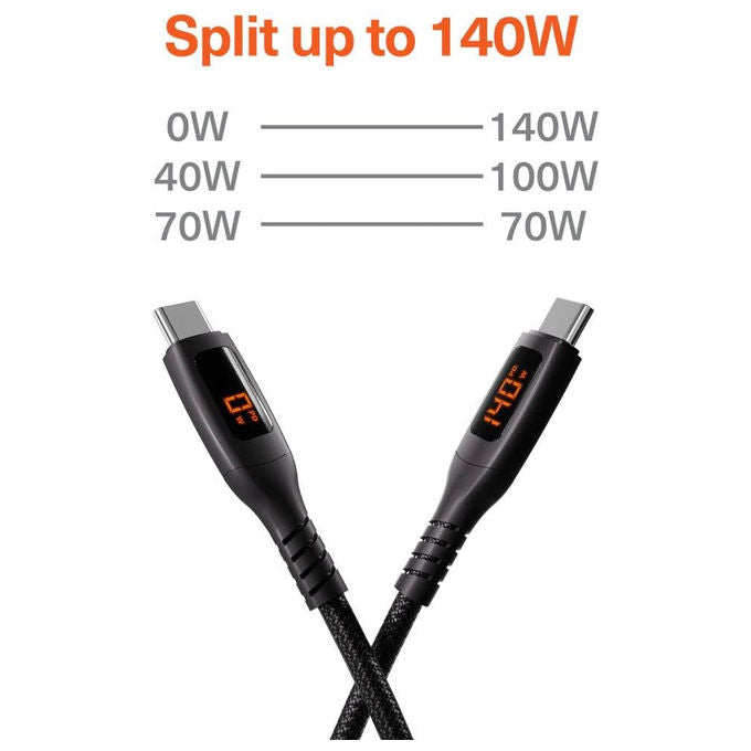 Cygnett, Cavo USB-C Doppio Split LED 140W, 1.5m, Nero