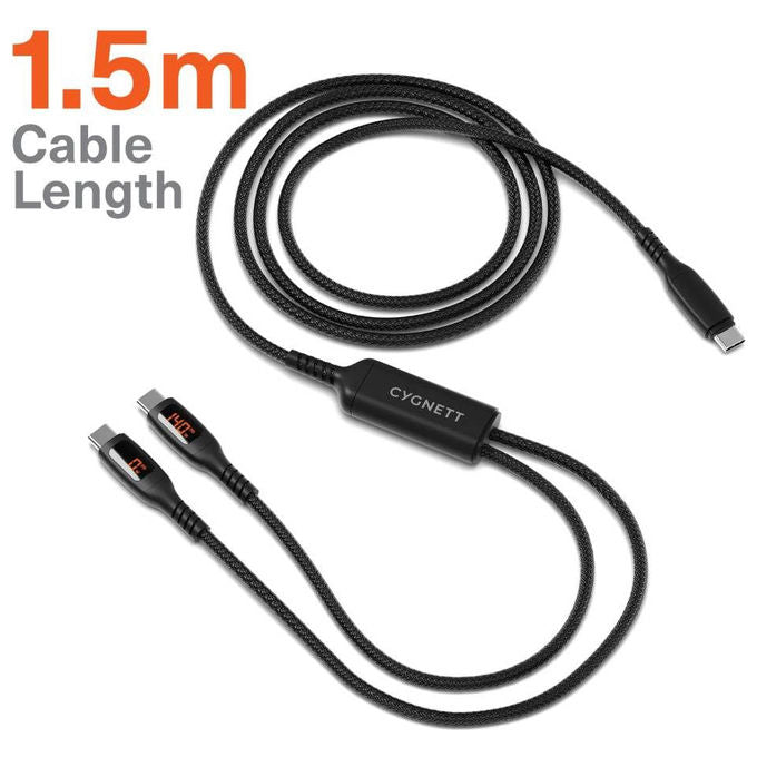 Cygnett, Cavo USB-C Doppio Split LED 140W, 1.5m, Nero