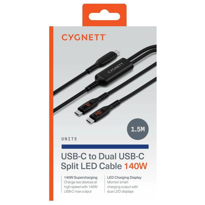 Cygnett, Cavo USB-C Doppio Split LED 140W, 1.5m, Nero