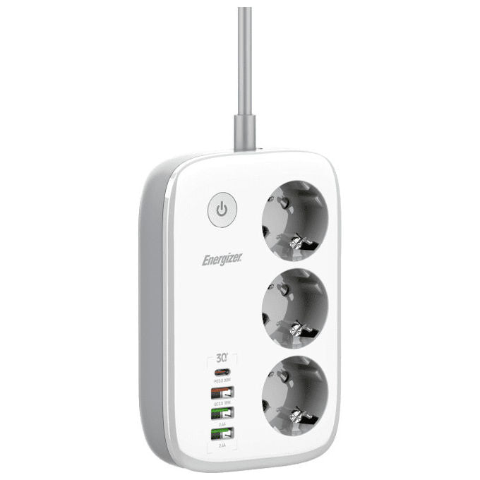Energizer, Multipresa 3 Schuko, 3 USB-A, 1 USB-C, 2 m, Bianca con WiFi