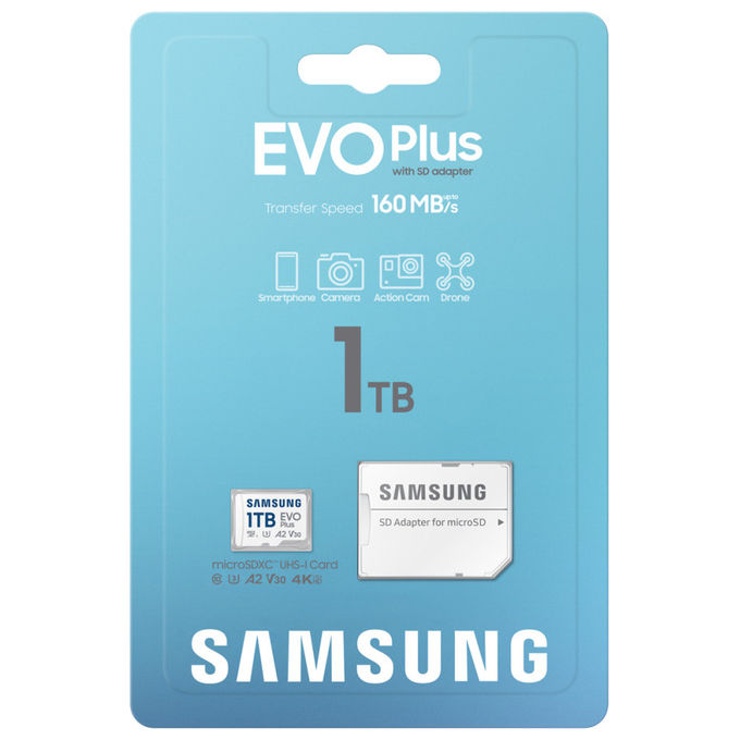 Samsung MB-MC1T0SA-EU EVO Plus Scheda microSD 1 TB UHS-I U3 V30 A2 velocita' lettura 160 MB-s colore Bianco