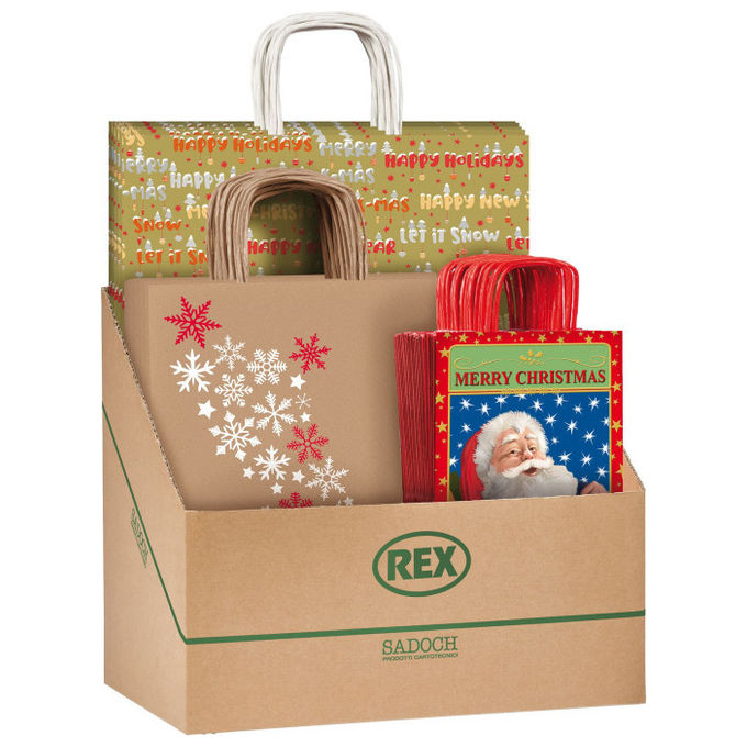 SAUL SADOCH REX, Espositore da Banco, Con 100 Shopper Natalizie in Fantasie Assortite