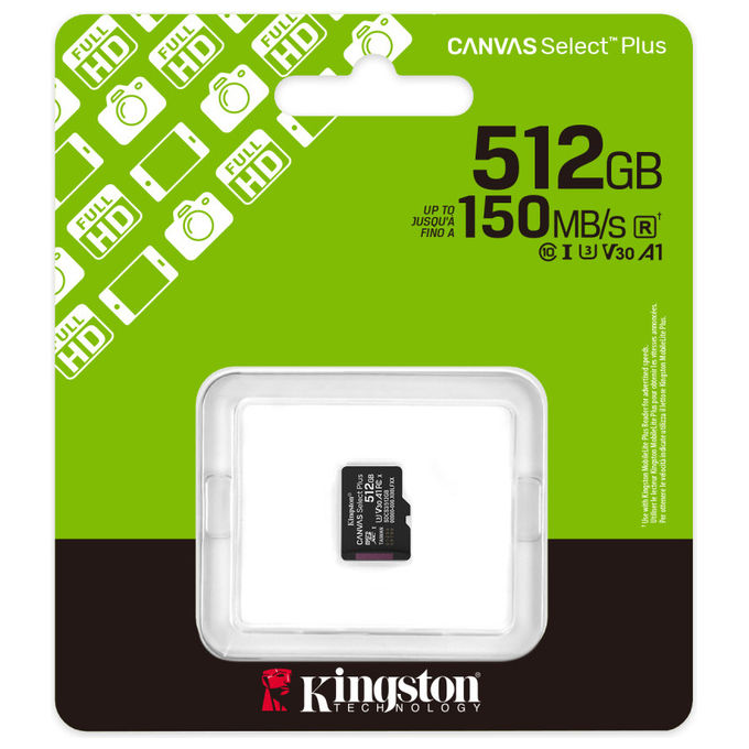Kingston Technology, MicroSDXC 512GB Canvas Select Plus Gen3, 150R A1