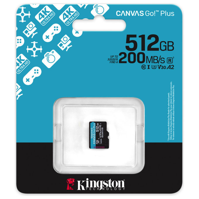 Kingston Technology, MicroSDXC 512 GB, Canvas Go Plus Gen4 200R A2 U3, Singola senza ADP