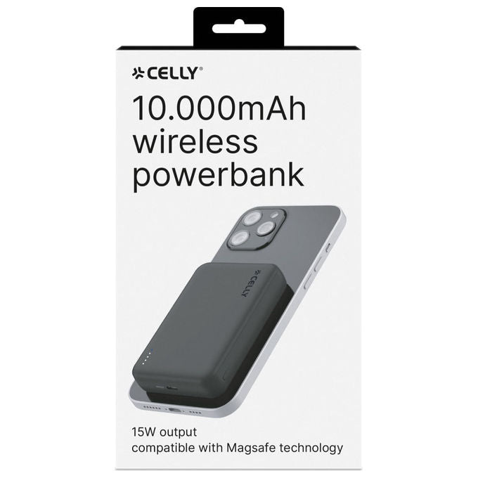 Celly, Powerbank Magnetico Wireless 15W, 10000 mAh, con USB-C 20W, Ricarica Rapida, MagSafe