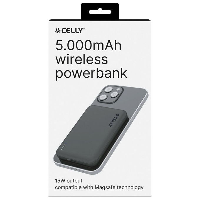 Celly, Powerbank MagSafe, Ricarica Wireless 15W, USB-C 20W, 5000mAh