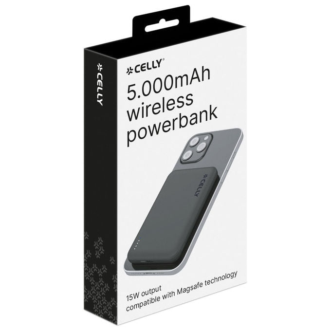 Celly, Powerbank MagSafe, Ricarica Wireless 15W, USB-C 20W, 5000mAh