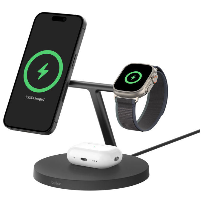 Belkin BoostCharge Pro, Stazione Ricarica Wireless 3-in-1 Qi2, 15W, Nero, Per Cuffie, Smartphone e Orologio