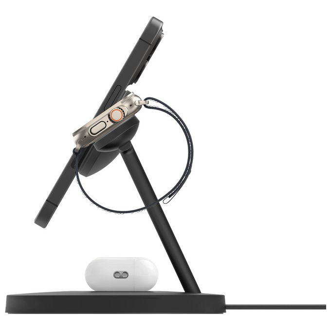 Belkin BoostCharge Pro, Stazione Ricarica Wireless 3-in-1 Qi2, 15W, Nero, Per Cuffie, Smartphone e Orologio