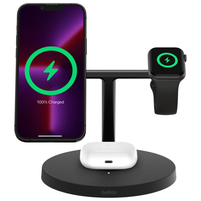 Belkin BoostCharge Pro, Stazione Ricarica Wireless 3-in-1 Qi2, 15W, Nero, Per Cuffie, Smartphone e Orologio