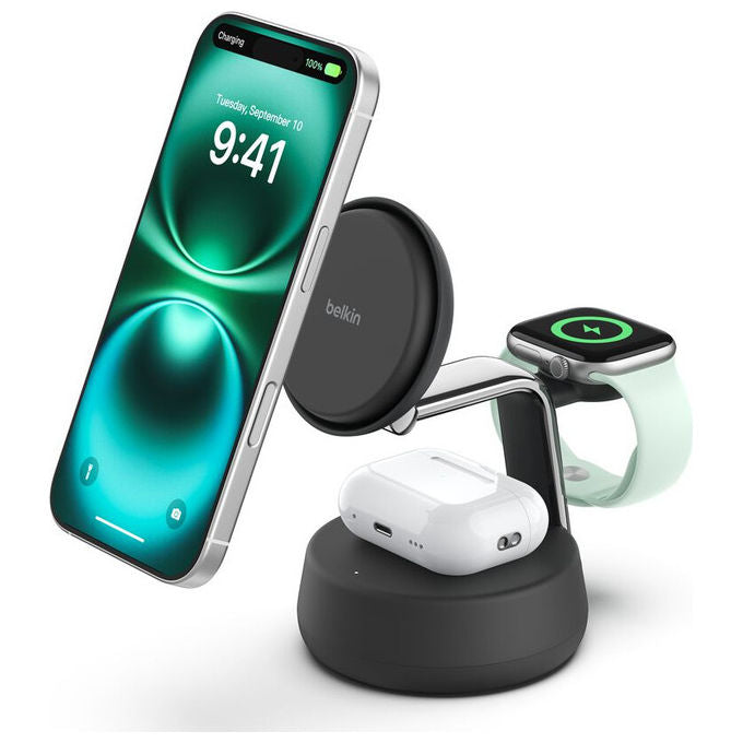 Belkin, Caricatore Magnetico Wireless 3 in 1, Qi2 25W, Ricarica Rapida, Nero, per Fitness Tracker, Cuffie, Smartphone e Orologio
