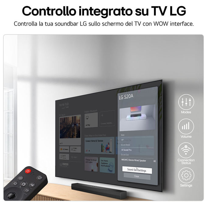 LG S20A Soundbar 2.0 Canali 50W Dolby Digital DTS AI Sound Pro HDMI ARC Bluetooth 5.3 USB colore Nero