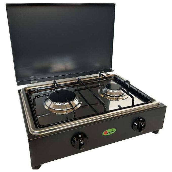 Cfg Parker, Fornello da Tavolo a 2 Fuochi, Grigio Grafite con Piano in Acciaio Inox, Alimentazione Gas Gpl