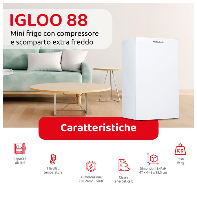 Melchioni Family 118700255 IGLOO 88 Frigorifero Libera Installazione 88 L 83.5 cm Classe E 45 dB Porta Reversibile colore Bianco