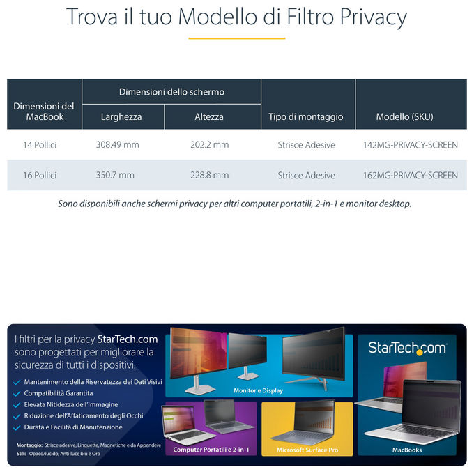 StarTech.com, Filtro Privacy MacBook Pro 16'', Protezione Schermo Reversibile, Anti Luce Blu, 30 Gradi