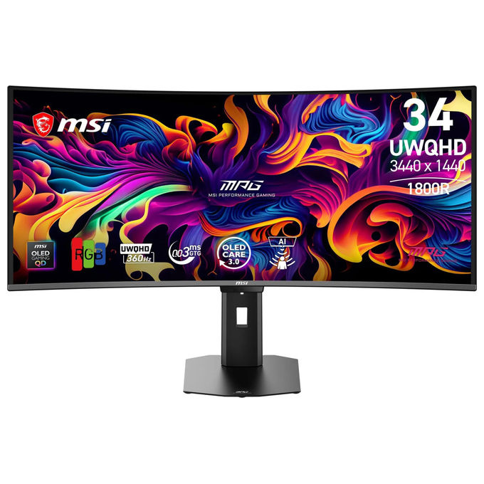 MSI 3DE2 MPG 341CQR QD-OLED X36 Monitor Gaming 34'' UWQHD 3440x1440 360Hz 0.03ms QD-OLED 5ª gen HDR True Black 500 HDMI 2.1 DP 2.1 USB-C 98W colore Nero