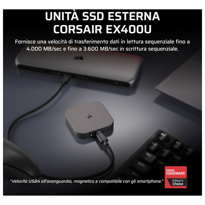 Corsair, SSD Esterno 2 TB, Thunderbolt USB Tipo-C, EX400U, Nero