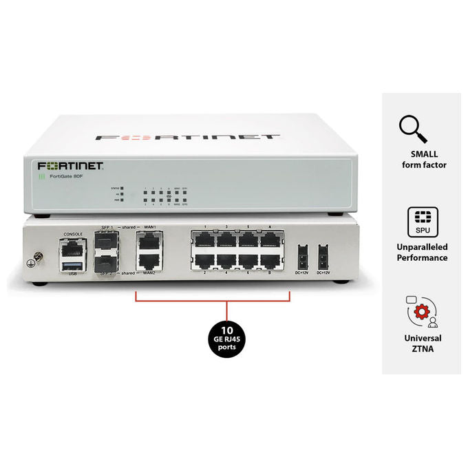 Fortinet, Firewall FG-80F, 10000 Mbit-s, IPSec VPN 6500 Gbit-s, 6 RJ-45
