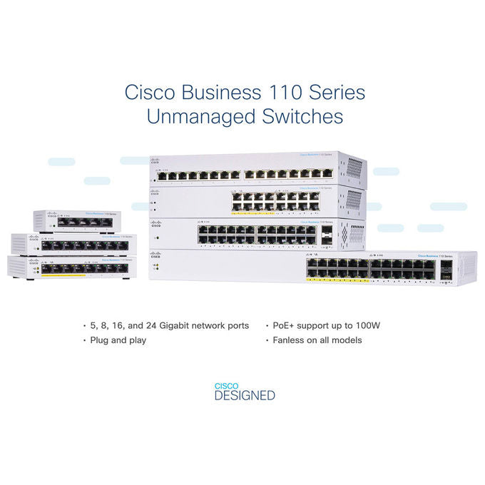Cisco, Switch non Gestito, 8 Porte Gigabit Ethernet, PoE, Grigio, CBS110-8PP-D