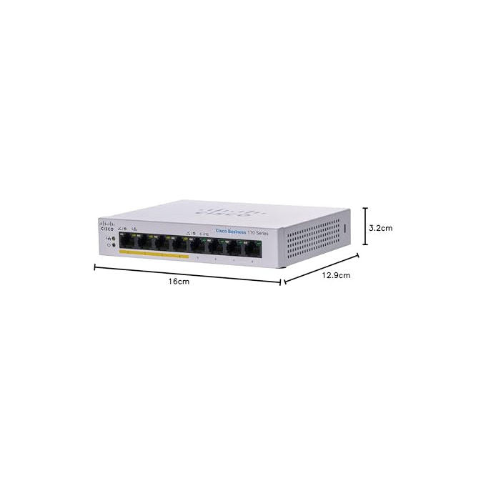 Cisco, Switch non Gestito, 8 Porte Gigabit Ethernet, PoE, Grigio, CBS110-8PP-D