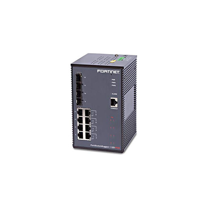 Fortinet, FortiSwitchRugged-112D-POE, Switch PoE robusto L2, 8 x GE RJ45, 4 x slot GE SFP, controller FortiGate Switch