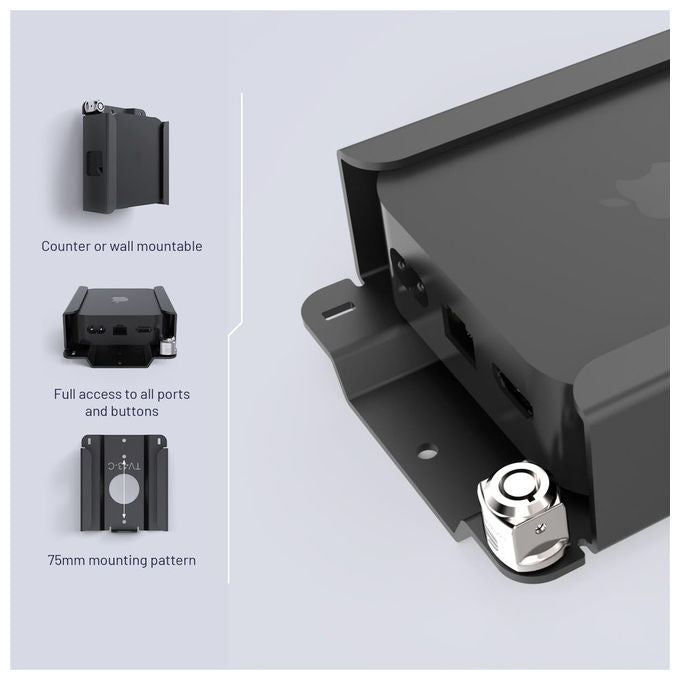 Compulocks, Supporto di Sicurezza Apple TV 4K 3a Gen, VESA 75x75, Alluminio, Antifurto, Nero