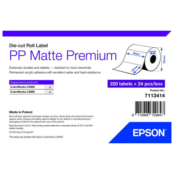 Epson, Etichetta autoadesiva, 76mm x 127mm, Bianco, Per stampante ColorWorks C3500-C4000