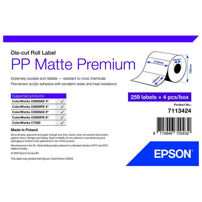 Epson, Etichetta per Stampante Autoadesiva, Bianca, 21x10.5 cm, 7113424