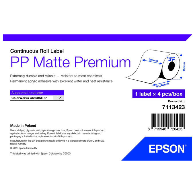 Epson, Etichetta per Stampante, Autoadesiva, Rotolo Continuo, 210 mm x 55 m, Bianca