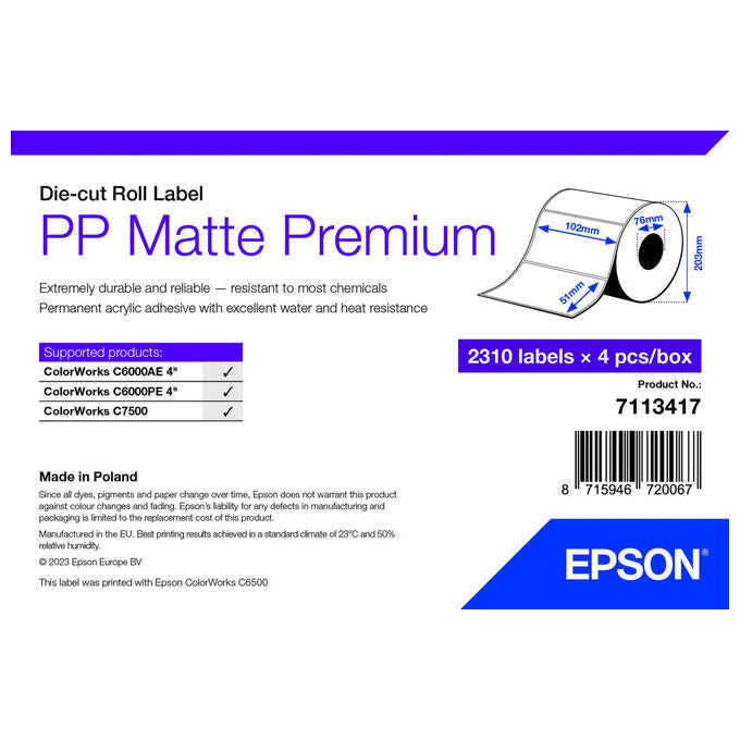 Epson, Etichetta per Stampante, 102mm x 51mm, Opaca, Polipropilene, 7113417