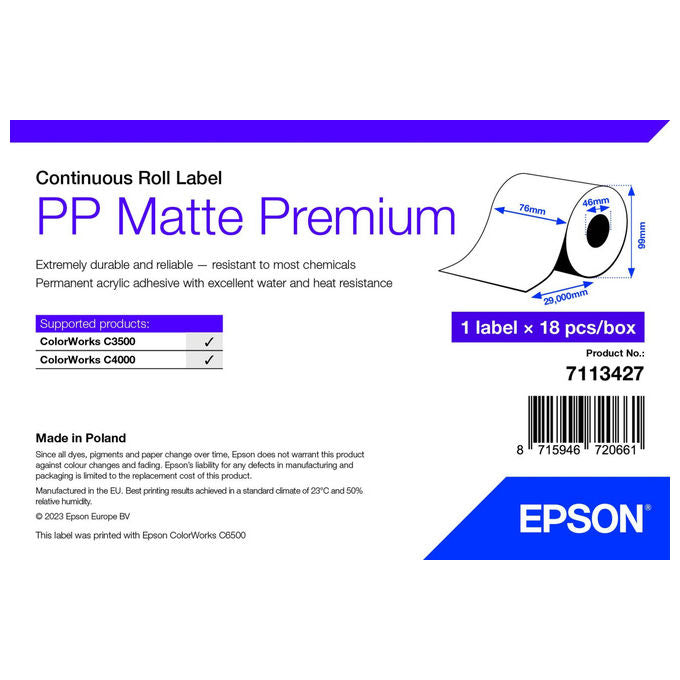 Epson, Etichetta per stampante, 76 mm x 29 m, Premium opaco PP, Bianco