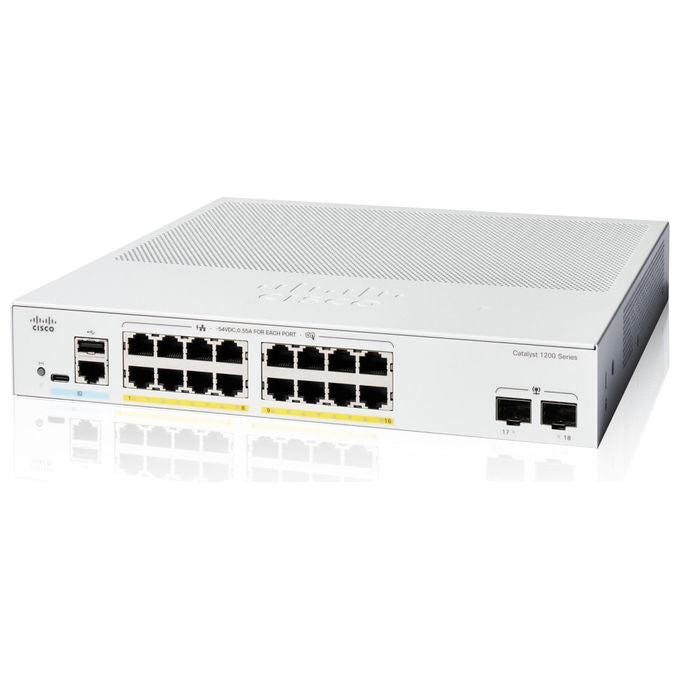 Cisco, Catalyst 1200-16P-2G, Smart Switch, 16 Porte GE, PoE+, 2 SFP