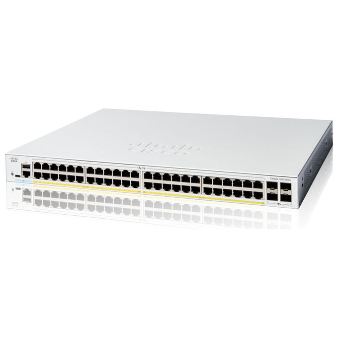 Cisco, Switch Catalyst 1200-48P-4G, 48 Porte GE, PoE, 4x1GE SFP, Montabile su Rack, Bianco