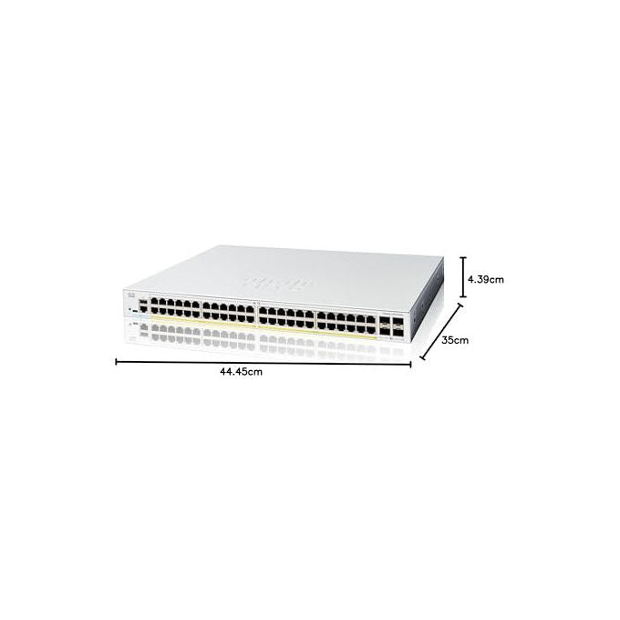 Cisco, Switch Catalyst 1200-48P-4G, 48 Porte GE, PoE, 4x1GE SFP, Montabile su Rack, Bianco