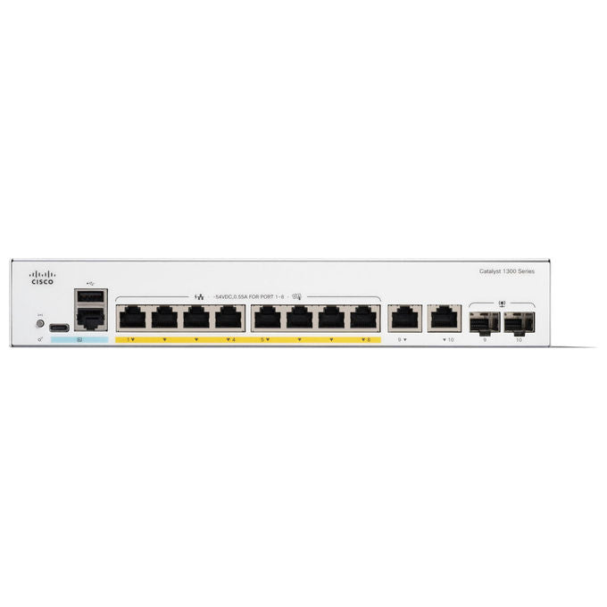 Cisco, Switch Gestito Gigabit Ethernet, 8 Porte PoE, 2 Porte SFP, Catalyst 1300-8P-E-2G