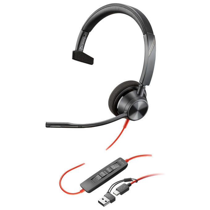 Hp Poly Blackwire 3310, Cuffie Monaurali, USB-C, Con Adattatore USB-C-A, Nero