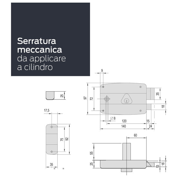 Cisa, Serratura per Porta in Ferro da Applicare, Entrata 60 mm, Acciaio Zincato, Mano Destra