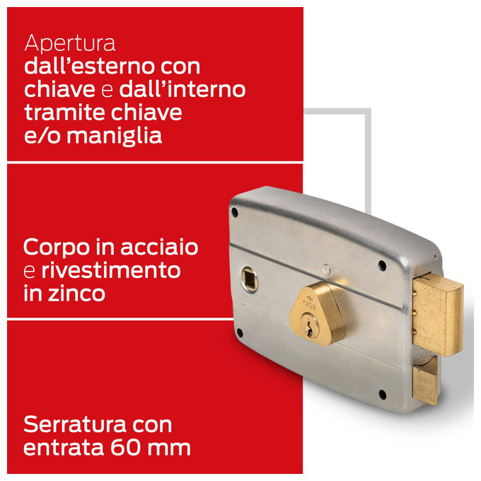 Cisa, Serratura per Porta in Ferro da Applicare, Entrata 60 mm, Acciaio Zincato, Mano Destra