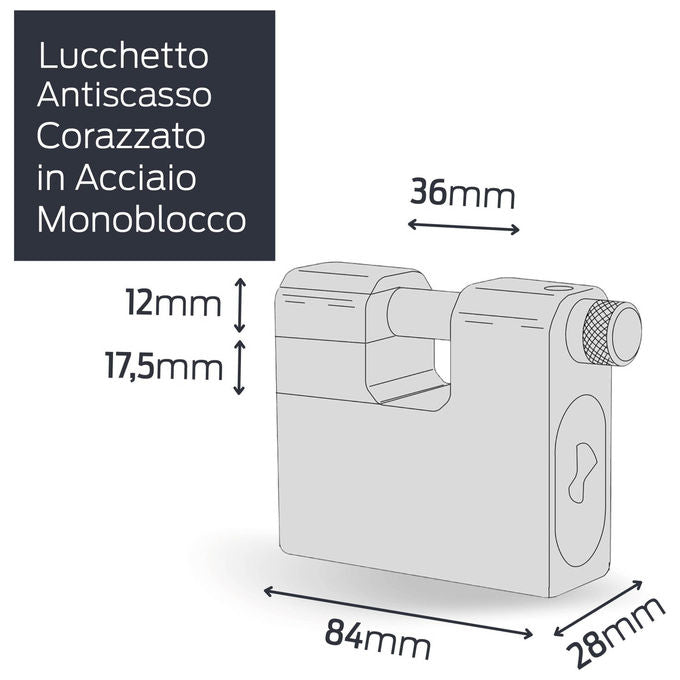 Cisa, Lucchetto Corazzato Acciaio, Antiscasso 84mm, Chiave Lim per Serrande