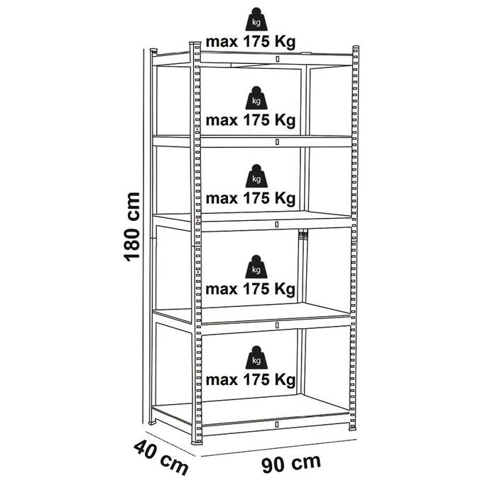 Vigor, Scaffalatura 5 Piani Legno Mdf, 90x40x180h, KIT_ Lamiera