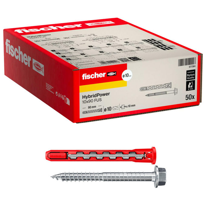 Fischer HybridPower 50x, Tassello Prolungato Nylon Acciaio, Vite Esagonale Flangiata Torx