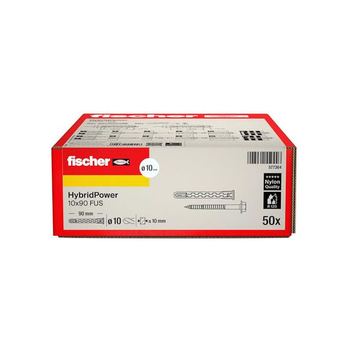 Fischer HybridPower 50x, Tassello Prolungato Nylon Acciaio, Vite Esagonale Flangiata Torx