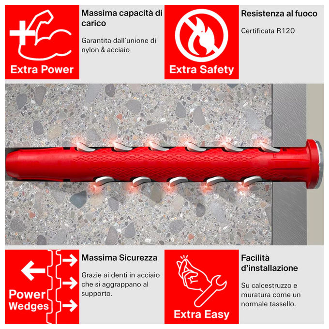 Fischer, Tasselli Prolungati HybridPower 50x, Nylon e Acciaio, Vite Svasata Piana Torx, 577365