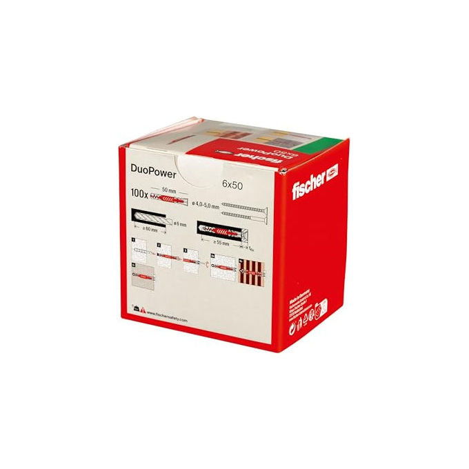 Fischer 538250 DuoPower Tasselli Universali 6x50 mm 100 pezzi per Calcestruzzo Mattone Forati e Cartongesso colore Grigio