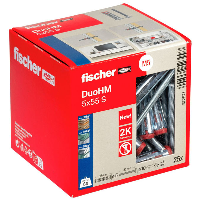 Fischer, Tassello DuoHM 5x55 S con Vite, Acciaio e Nylon, Per Cartongesso