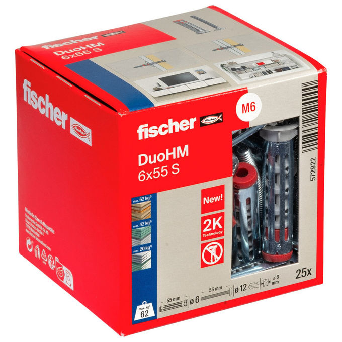 Fischer DUOHM 6X55 S PH PZ Tassello per Pannelli Cartongesso Acciaio Nylon 6 mm 55 mm 25 pz colore Grigio