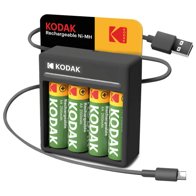Kodak, Caricabatterie 4 Slot, con 4 Batterie AA, 2100 mAh, Ricaricabili USB-C
