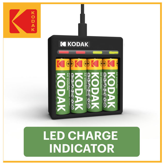 Kodak, Caricabatterie 4 Slot, con 4 Batterie AA, 2100 mAh, Ricaricabili USB-C