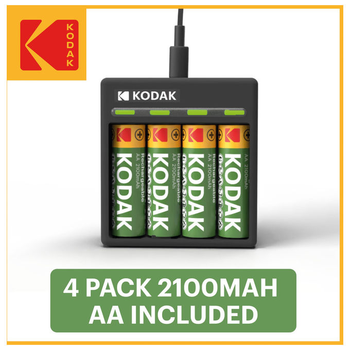 Kodak, Caricabatterie 4 Slot, con 4 Batterie AA, 2100 mAh, Ricaricabili USB-C
