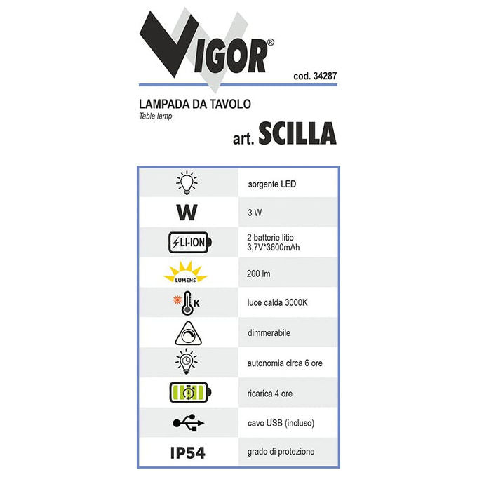 Vigor, Lampada da Tavolo Scilla, 200lm, Argento, 3W, Ricaricabile USB, Luce Calda